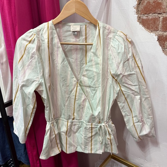 a new day Tops - A New Day XS Pastel Stripe Wrap Peplum Blouse | Puff Sleeve